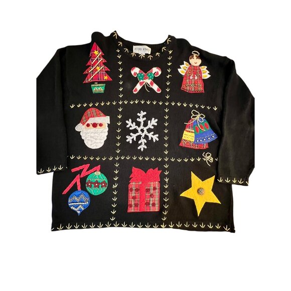 Vintage Christmas Knit Sweater Beaded Embroidered Elaborate Novelty Grandma 1X - Picture 1 of 16